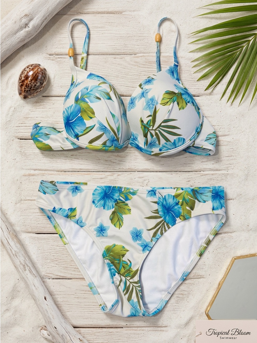 La Vie en Rose Bikini Set Blue Floral Tropical Swimsuit Top Large Bottom Small